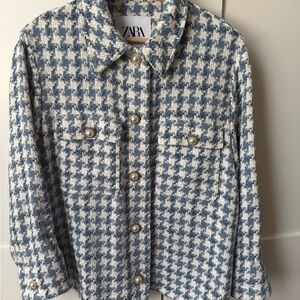 Zara Blue and White Houndstooth Women's Shacket - Size L
